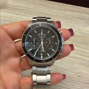Bulova Silver and Black Chronograph Watch